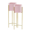 SOGA 2X 2 Layer 42cm Gold Metal Plant Stand with Pink Flower Pot Holder Corner Shelving Rack Indoor Display - Cafe Supply