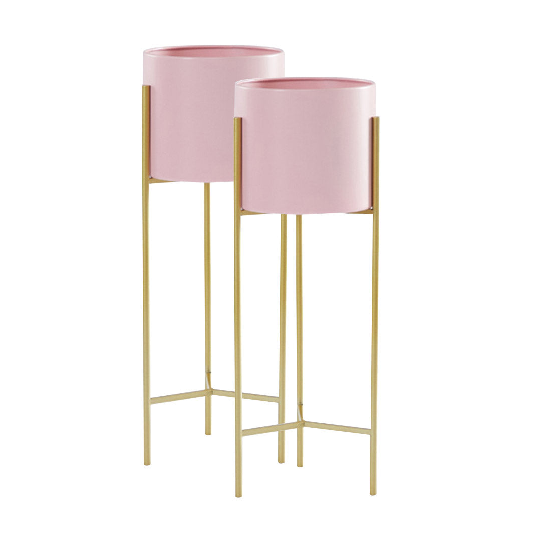 SOGA 2X 2 Layer 42cm Gold Metal Plant Stand with Pink Flower Pot Holder Corner Shelving Rack Indoor Display - Cafe Supply