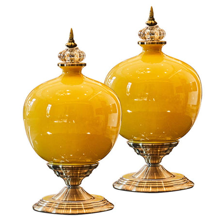 SOGA 2X 38cm Ceramic Oval Flower Vase with Gold Metal Base Yellow - Cafe Supply