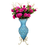 SOGA 67cm Blue Glass Tall Floor Vase and 12pcs Dark Pink Artificial Fake Flower Set - Cafe Supply