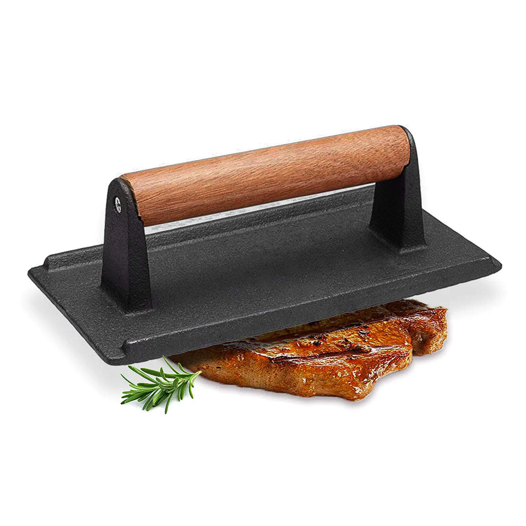 SOGA Cast Iron Bacon Meat Steak Press Grill BBQ with Wood Handle Weight Plate - Cafe Supply