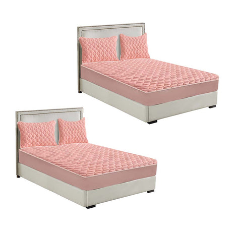 SOGA 2X Pink 183cm Wide Mattress Cover Thick Quilted Fleece Stretchable Clover Design Bed Spread Sheet Protector with Pillow Covers - Cafe Supply