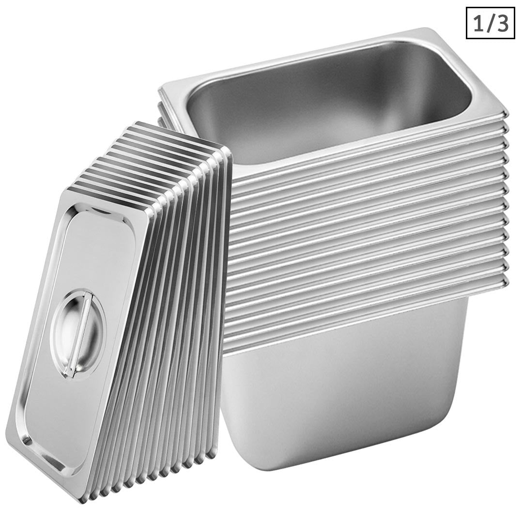 SOGA 12X Gastronorm GN Pan Full Size 1/3 GN Pan 20cm Deep Stainless Steel Tray With Lid - Cafe Supply