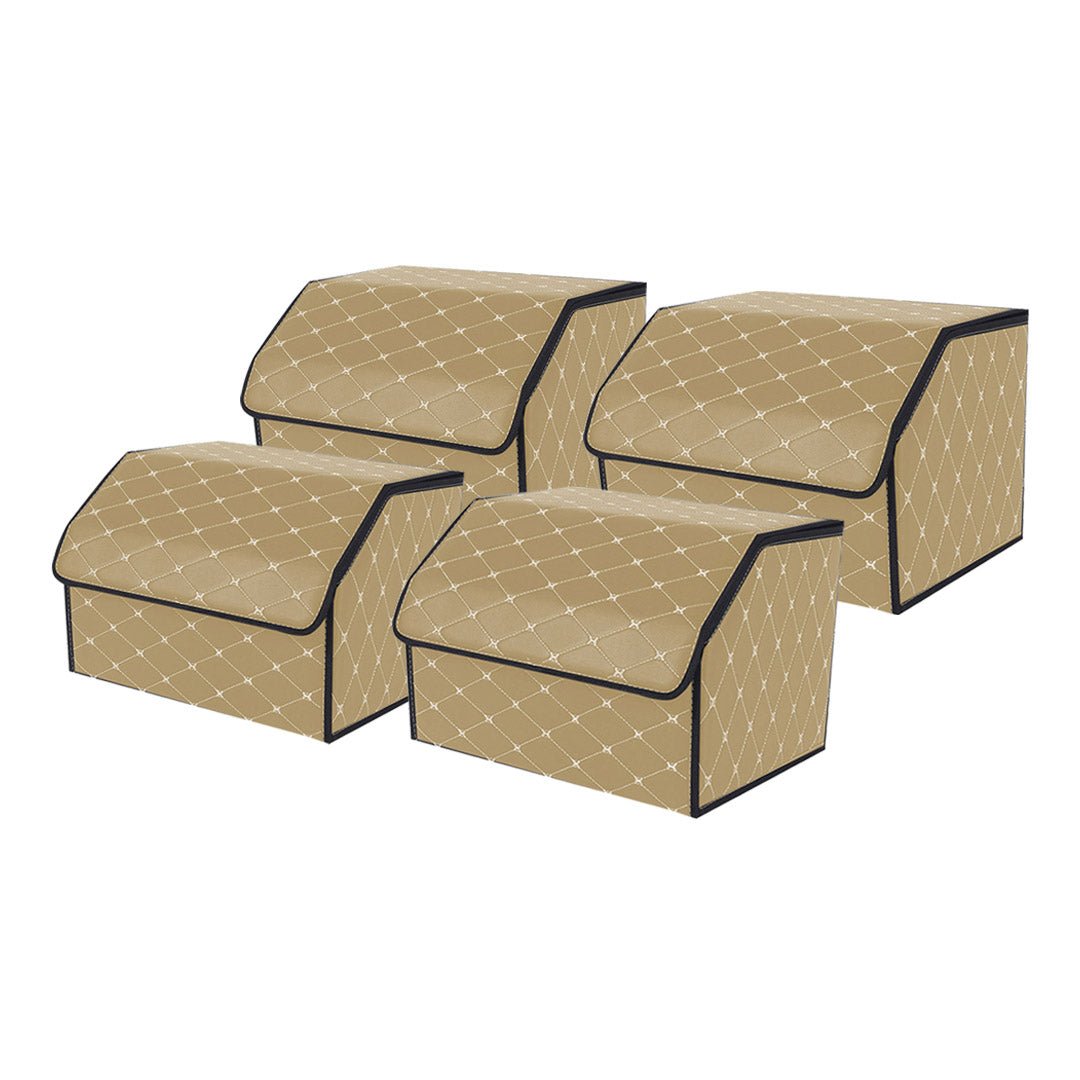 SOGA 4X Leather Car Boot Collapsible Foldable Trunk Cargo Organizer Portable Storage Box Beige/Gold Stitch Medium - Cafe Supply