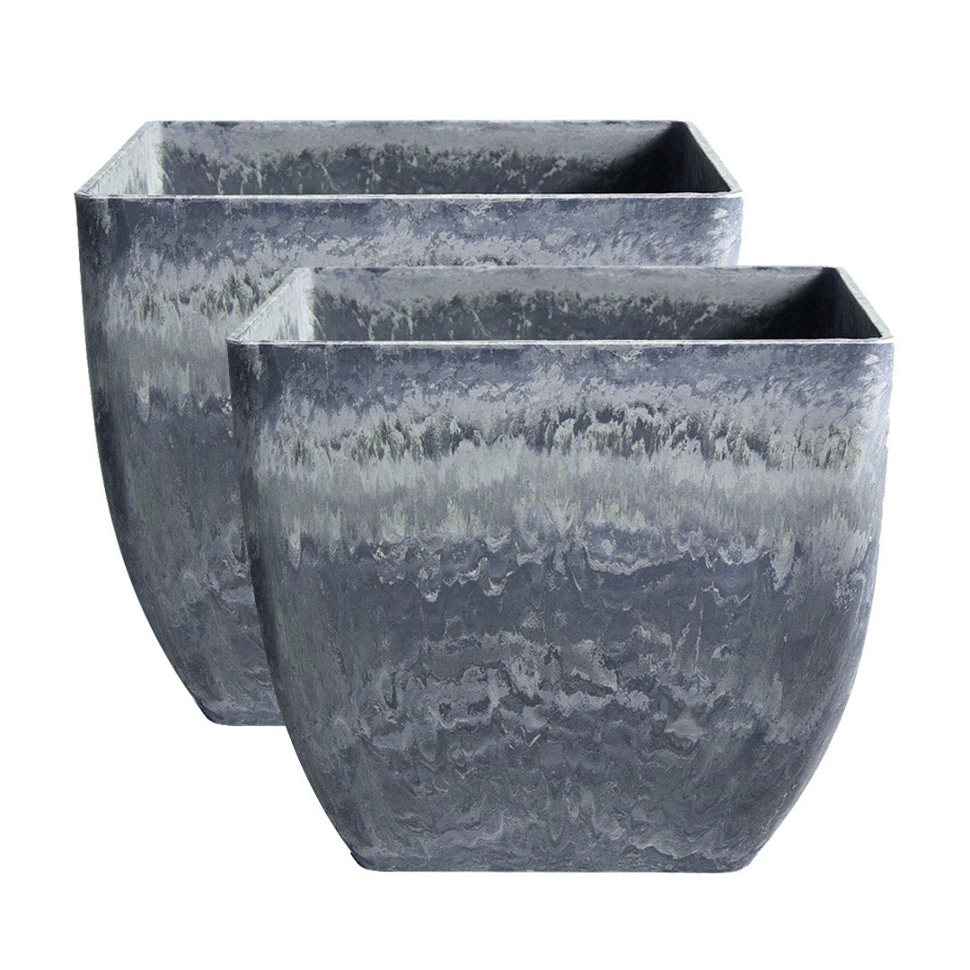 SOGA 2X 27cm Weathered Grey Square Resin Plant Flower Pot in Cement Pattern Planter Cachepot for Indoor Home Office - Cafe Supply
