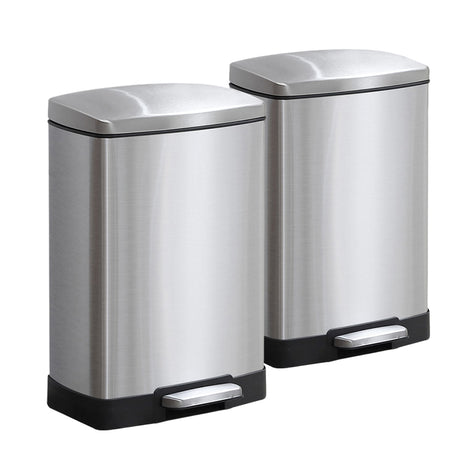 SOGA 2X Foot Pedal Stainless Steel Rubbish Recycling Garbage Waste Trash Bin Rectangular Shape 12L Silver - Cafe Supply