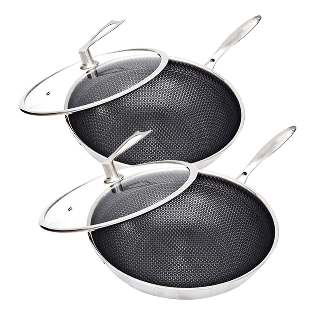 SOGA 2X 32cm Stainless Steel Tri-Ply Frying Cooking Fry Pan Textured Non Stick Interior Skillet with Glass Lid - Cafe Supply