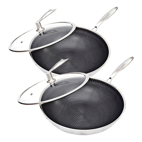 SOGA 2X 32cm Stainless Steel Tri-Ply Frying Cooking Fry Pan Textured Non Stick Interior Skillet with Glass Lid - Cafe Supply