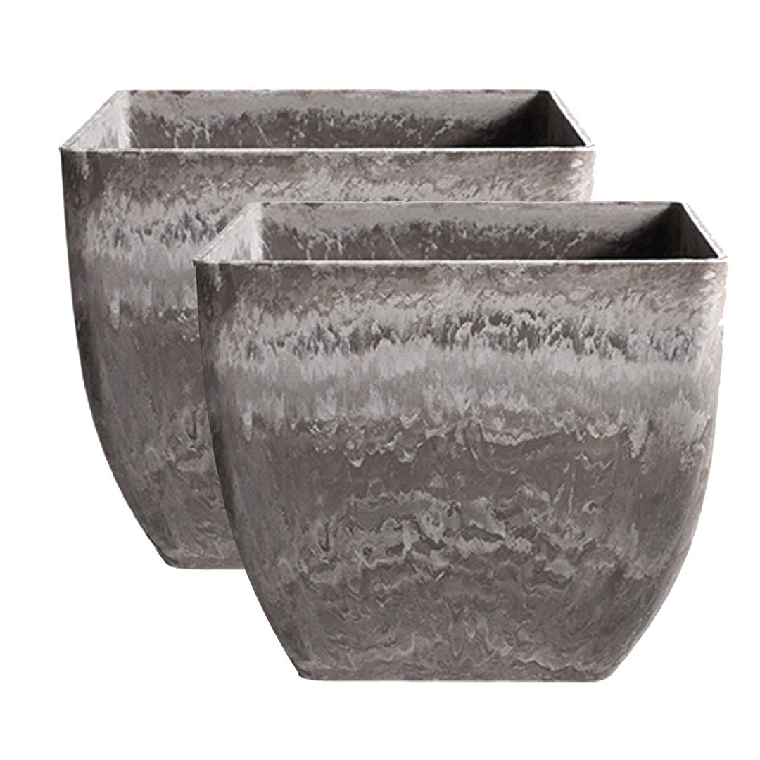 SOGA 2X 32cm Rock Grey Square Resin Plant Flower Pot in Cement Pattern Planter Cachepot for Indoor Home Office - Cafe Supply