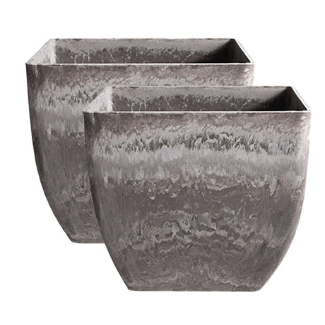 SOGA 2X 32cm Rock Grey Square Resin Plant Flower Pot in Cement Pattern Planter Cachepot for Indoor Home Office - Cafe Supply