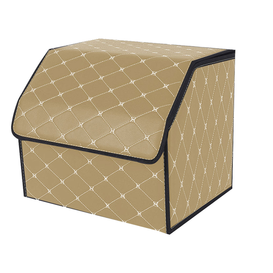 SOGA Leather Car Boot Collapsible Foldable Trunk Cargo Organizer Portable Storage Box Beige/Gold Stitch Small - Cafe Supply