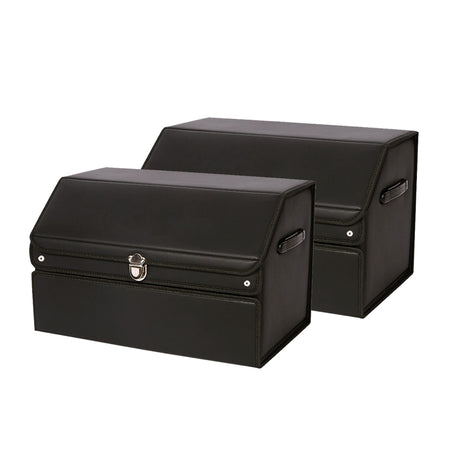 SOGA 2X 56cm Leather Car Boot Collapsible Foldable Trunk Cargo Organizer Portable Storage Box with Lock Black - Cafe Supply