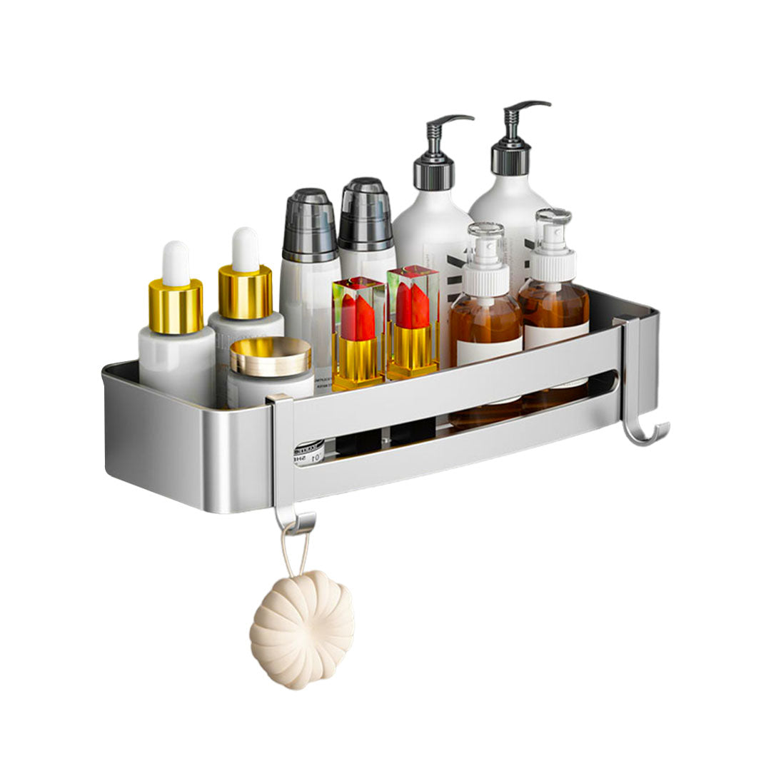 SOGA Silver Wall-Mounted Rectangular Bathroom Storage Organiser Space Saving Adhesive Shelf Rack with Hooks - Cafe Supply