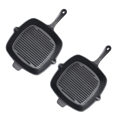 SOGA 2X 26cm Square Ribbed Cast Iron Frying Pan Skillet Steak Sizzle Platter with Handle - Cafe Supply