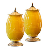 SOGA 2X 40cm Ceramic Oval Flower Vase with Gold Metal Base Yellow - Cafe Supply