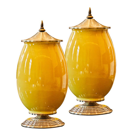 SOGA 2X 40cm Ceramic Oval Flower Vase with Gold Metal Base Yellow - Cafe Supply