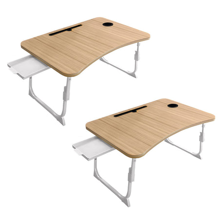 SOGA 2X Oak Portable Bed Table Adjustable Folding Mini Desk Stand With Cup-Holder Home Decor - Cafe Supply