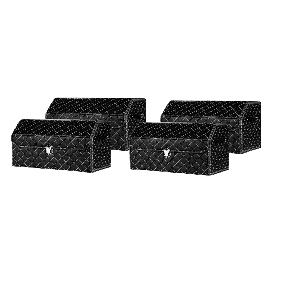 SOGA 4X Leather Car Boot Collapsible Foldable Trunk Cargo Organizer Portable Storage Box Black/White Stitch with Lock Medium - Cafe Supply