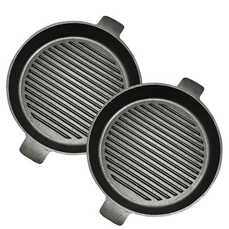 SOGA 2X 25cm Round Ribbed Cast Iron Frying Pan Skillet Steak Sizzle Platter with Handle - Cafe Supply