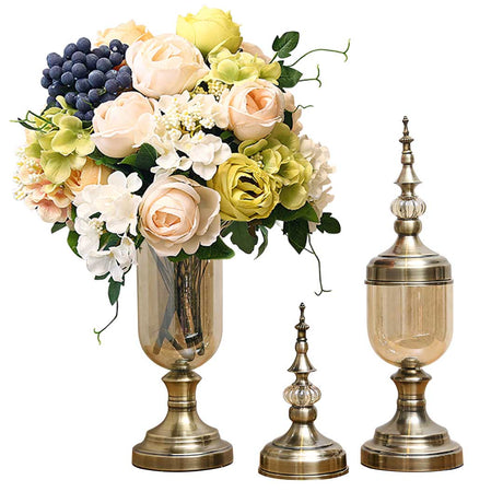 SOGA 2X Clear Glass Flower Vase with Lid and White Flower Filler Vase Bronze Set - Cafe Supply