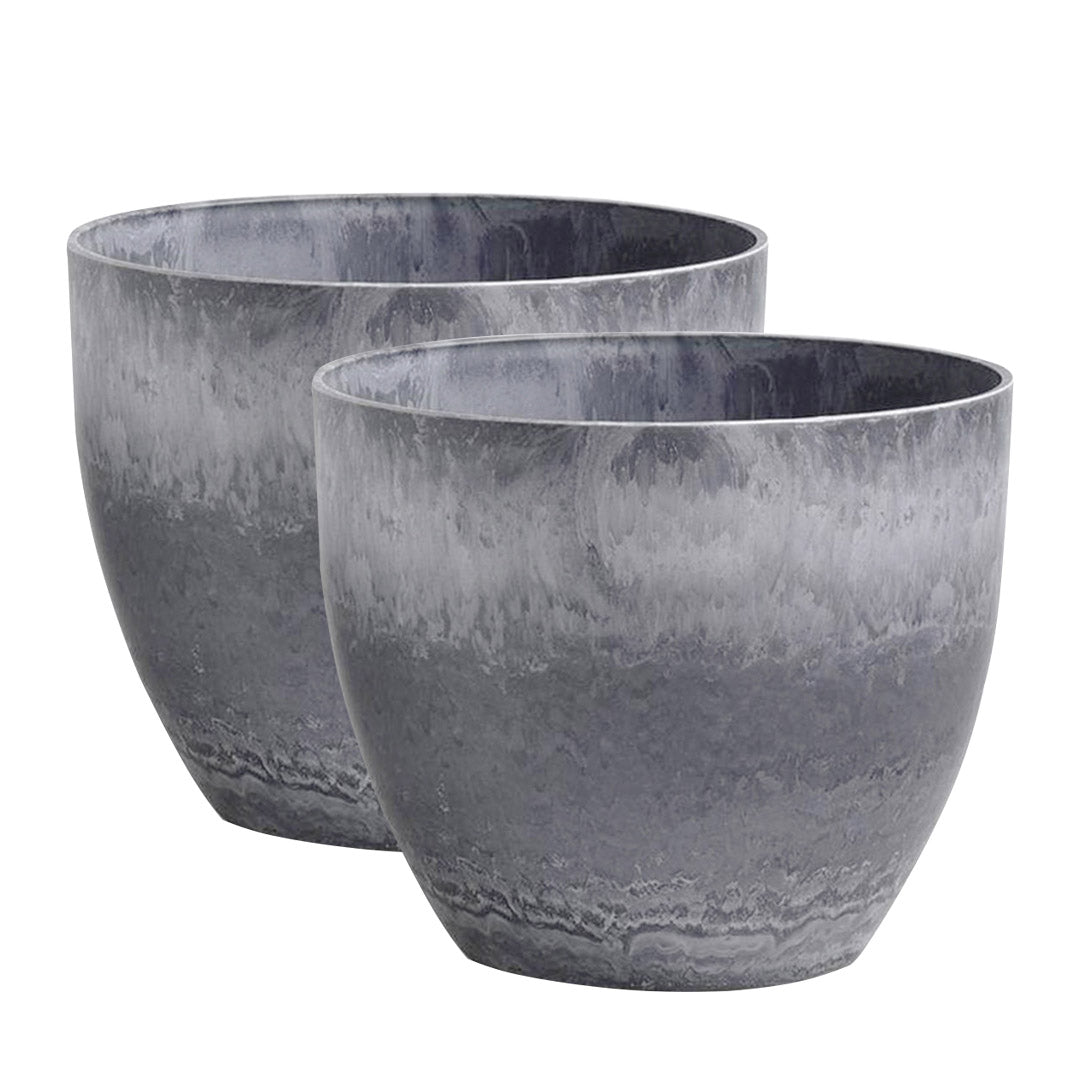SOGA 2X 32cm Weathered Grey Round Resin Plant Flower Pot in Cement Pattern Planter Cachepot for Indoor Home Office - Cafe Supply