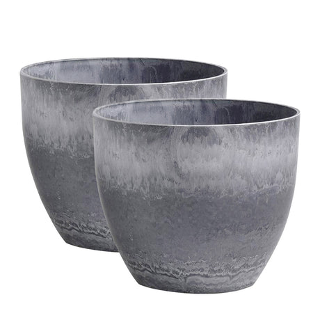 SOGA 2X 32cm Weathered Grey Round Resin Plant Flower Pot in Cement Pattern Planter Cachepot for Indoor Home Office - Cafe Supply
