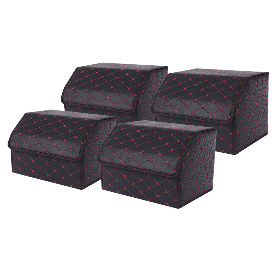 SOGA 4X Leather Car Boot Collapsible Foldable Trunk Cargo Organizer Portable Storage Box Black/Red Stitch Medium - Cafe Supply