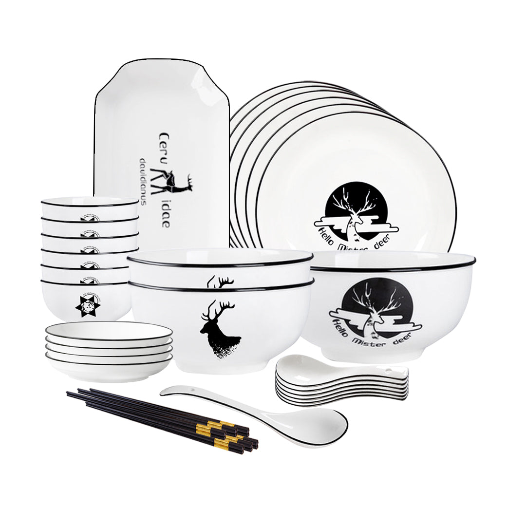SOGA White Antler Printed Ceramic Dinnerware Set Crockery Soup Bowl Plate Server Kitchen Home Decor Set of 20 - Cafe Supply