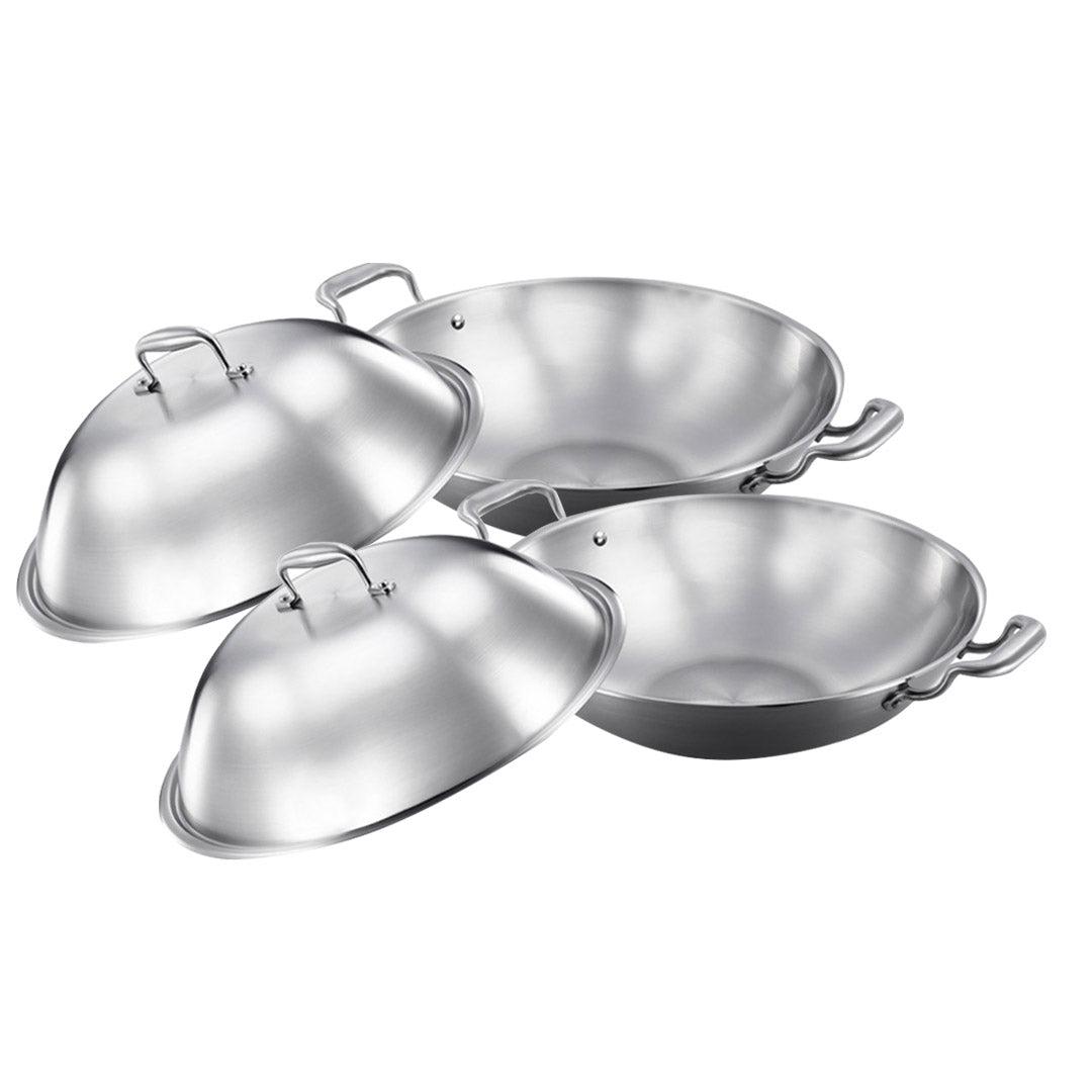 SOGA 2X 3-Ply 38cm Stainless Steel Double Handle Wok Frying Fry Pan Skillet with Lid - Cafe Supply