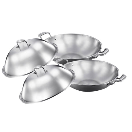 SOGA 2X 3-Ply 38cm Stainless Steel Double Handle Wok Frying Fry Pan Skillet with Lid - Cafe Supply