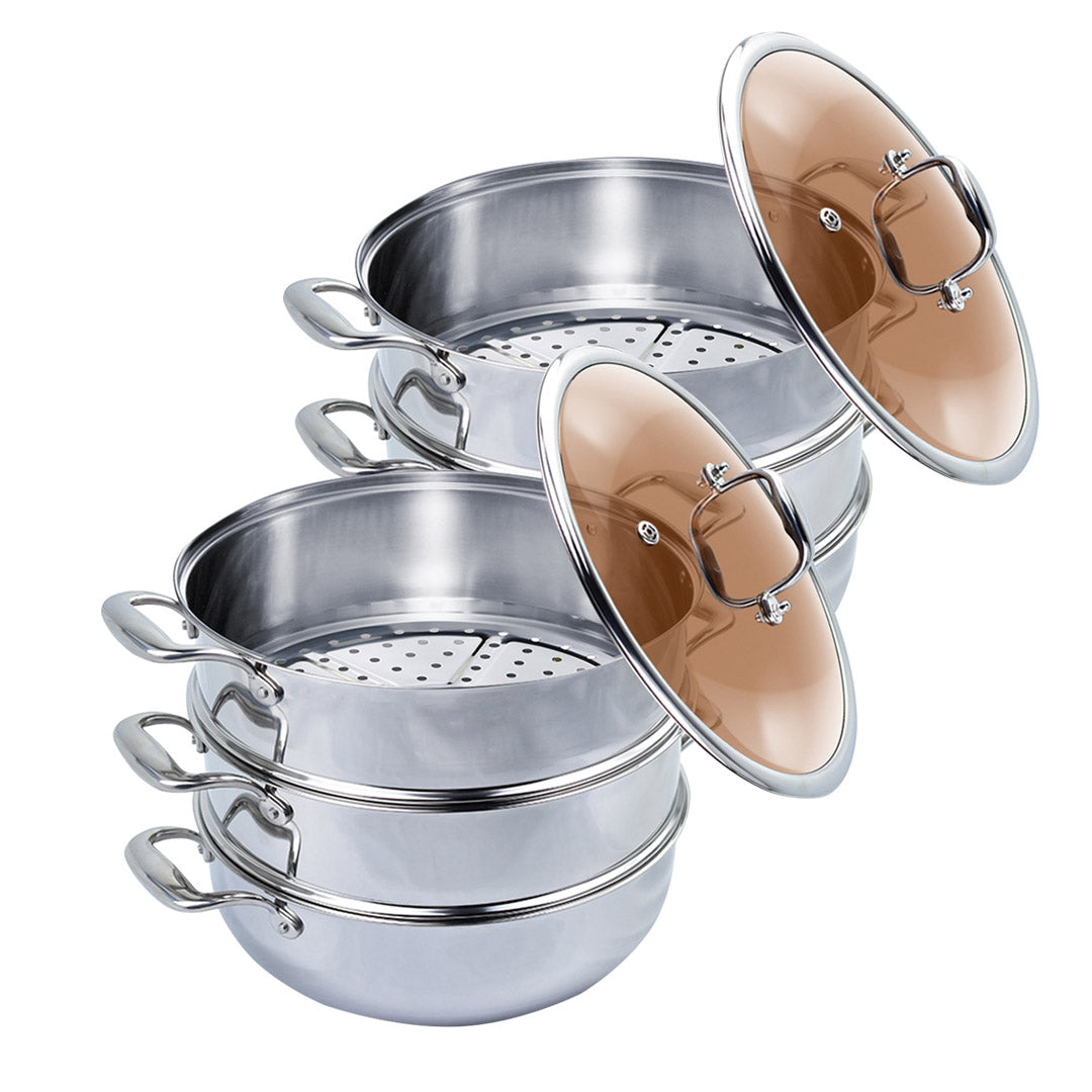 SOGA 2X 3 Tier 30cm Heavy Duty Stainless Steel Food Steamer Vegetable Pot Stackable Pan Insert with Glass Lid - Cafe Supply