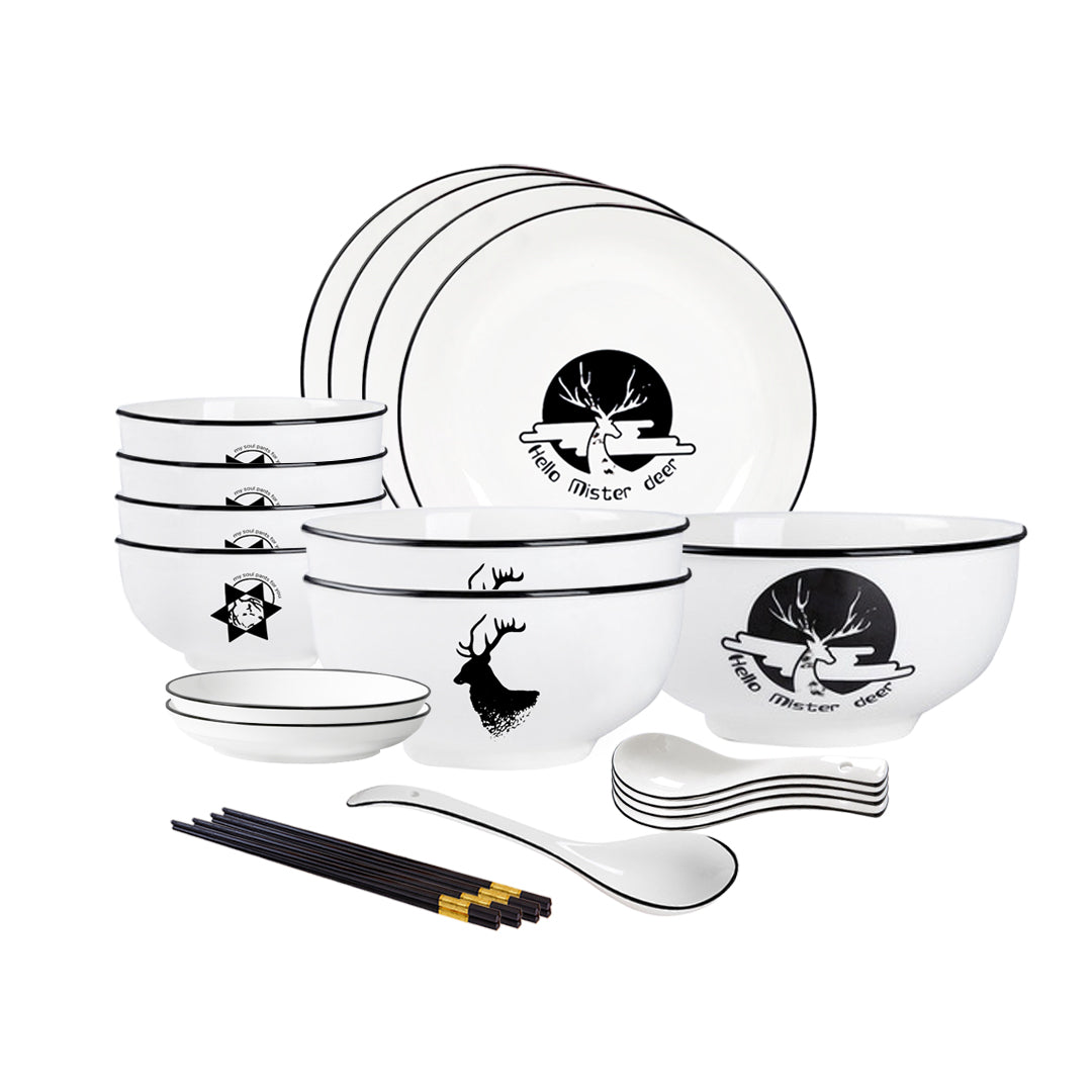 SOGA White Antler Printed Ceramic Dinnerware Set Crockery Soup Bowl Plate Server Kitchen Home Decor Set of 13 - Cafe Supply