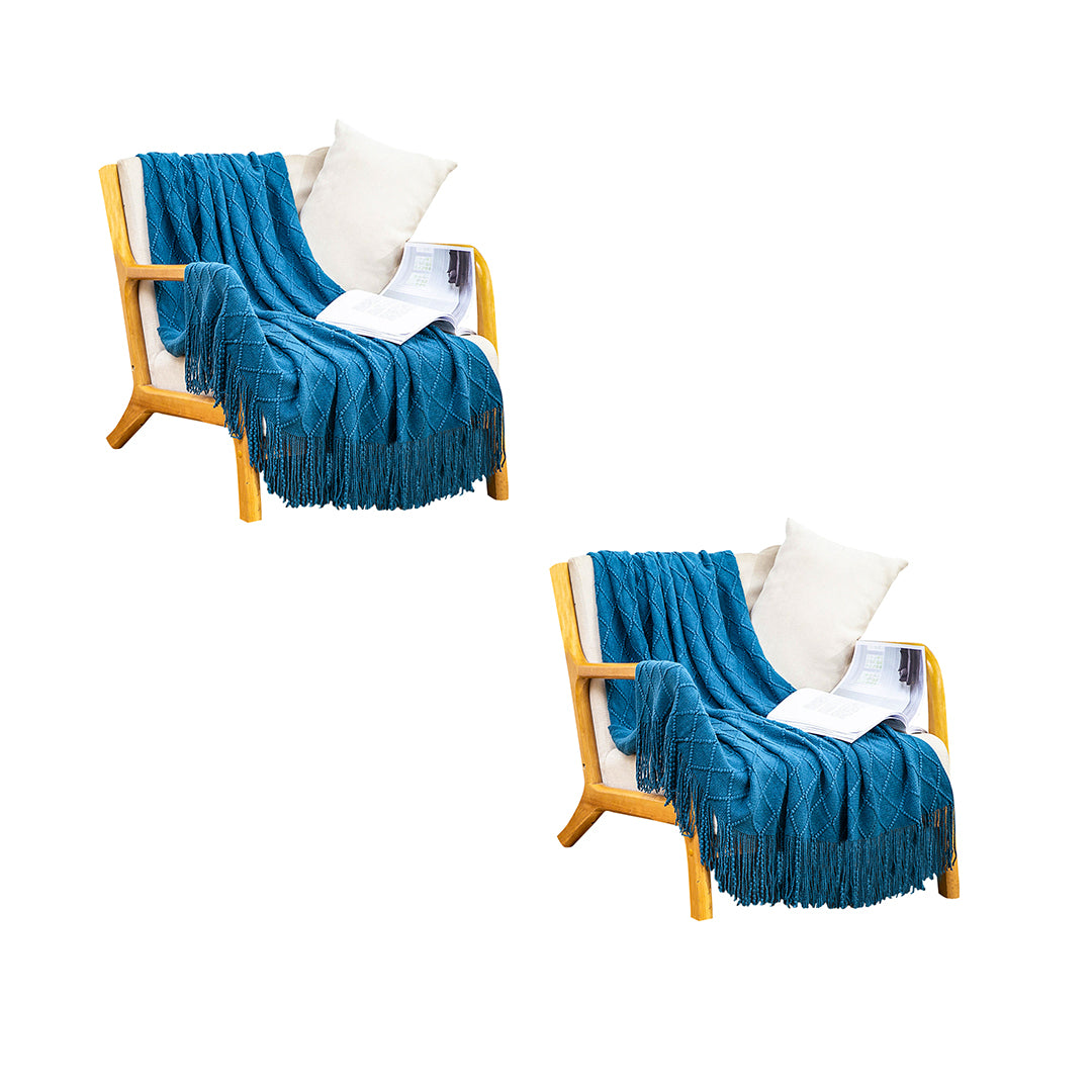 SOGA 2X Blue Diamond Pattern Knitted Throw Blanket Warm Cozy Woven Cover Couch Bed Sofa Home Decor with Tassels - Cafe Supply