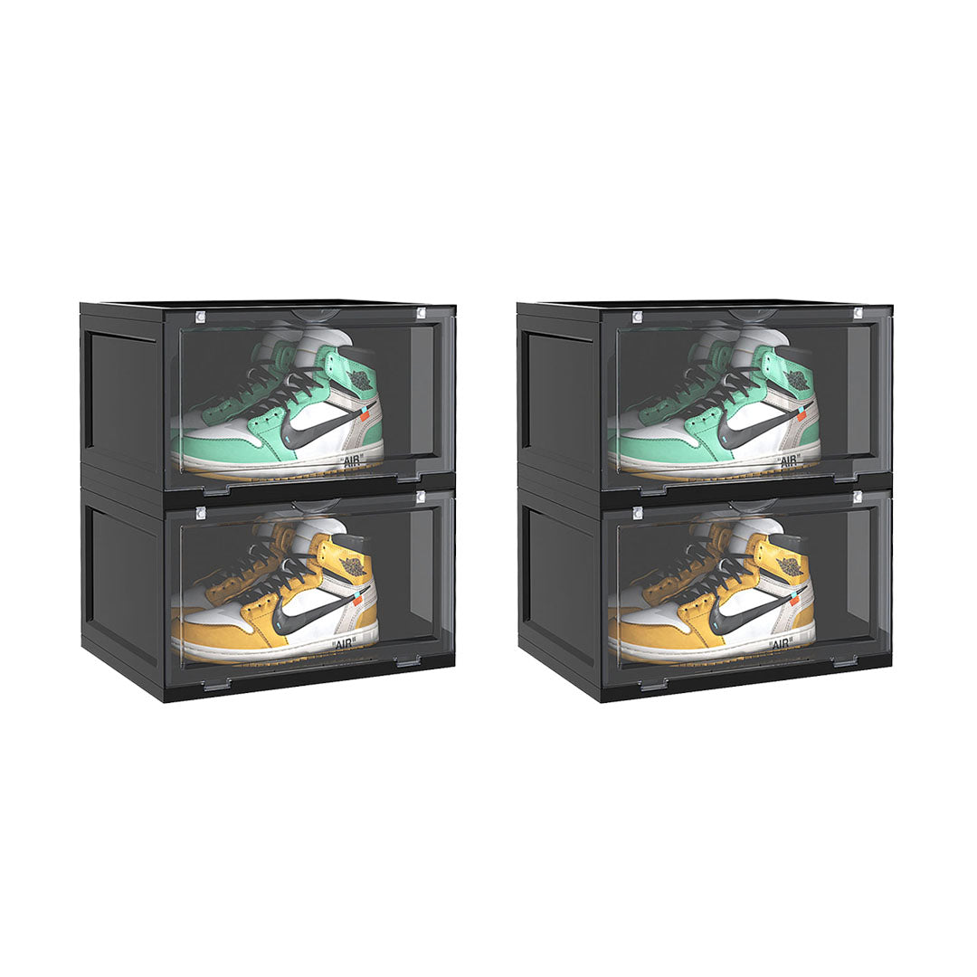 SOGA 2X 2 Tier Black Portable Shoe Organiser Sneaker Footwear Folding Plastic Bin Stackable Storage Box with Magnetic Door - Cafe Supply