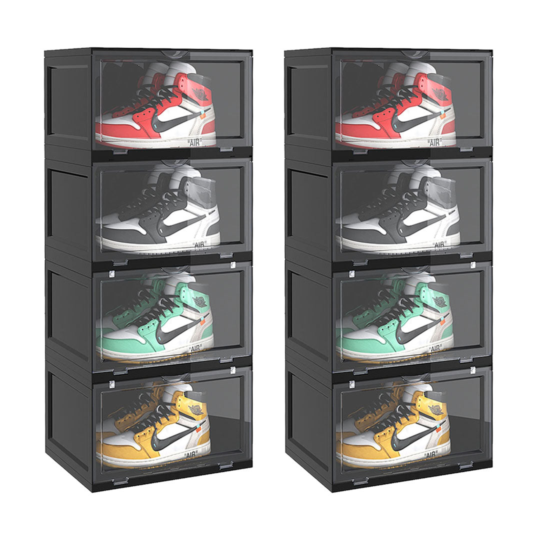 SOGA 2X 4 Tier Black Portable Shoe Organiser Sneaker Footwear Folding Plastic Bin Stackable Storage Box with Magnetic Door - Cafe Supply
