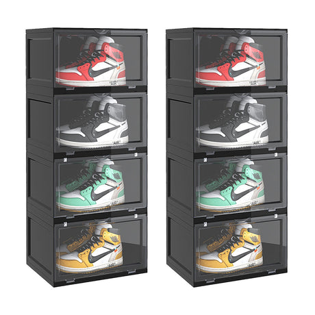 SOGA 2X 4 Tier Black Portable Shoe Organiser Sneaker Footwear Folding Plastic Bin Stackable Storage Box with Magnetic Door - Cafe Supply