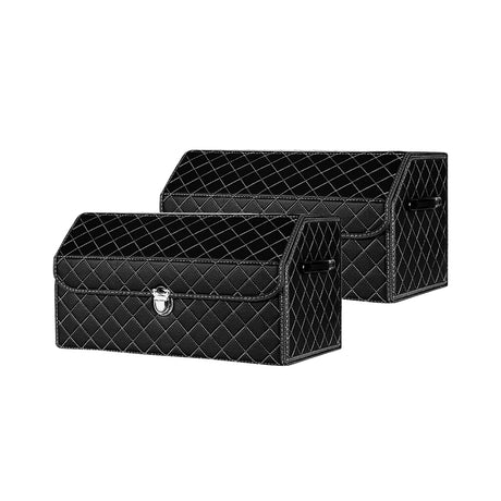 SOGA 2X Leather Car Boot Collapsible Foldable Trunk Cargo Organizer Portable Storage Box Black/White Stitch with Lock Medium - Cafe Supply