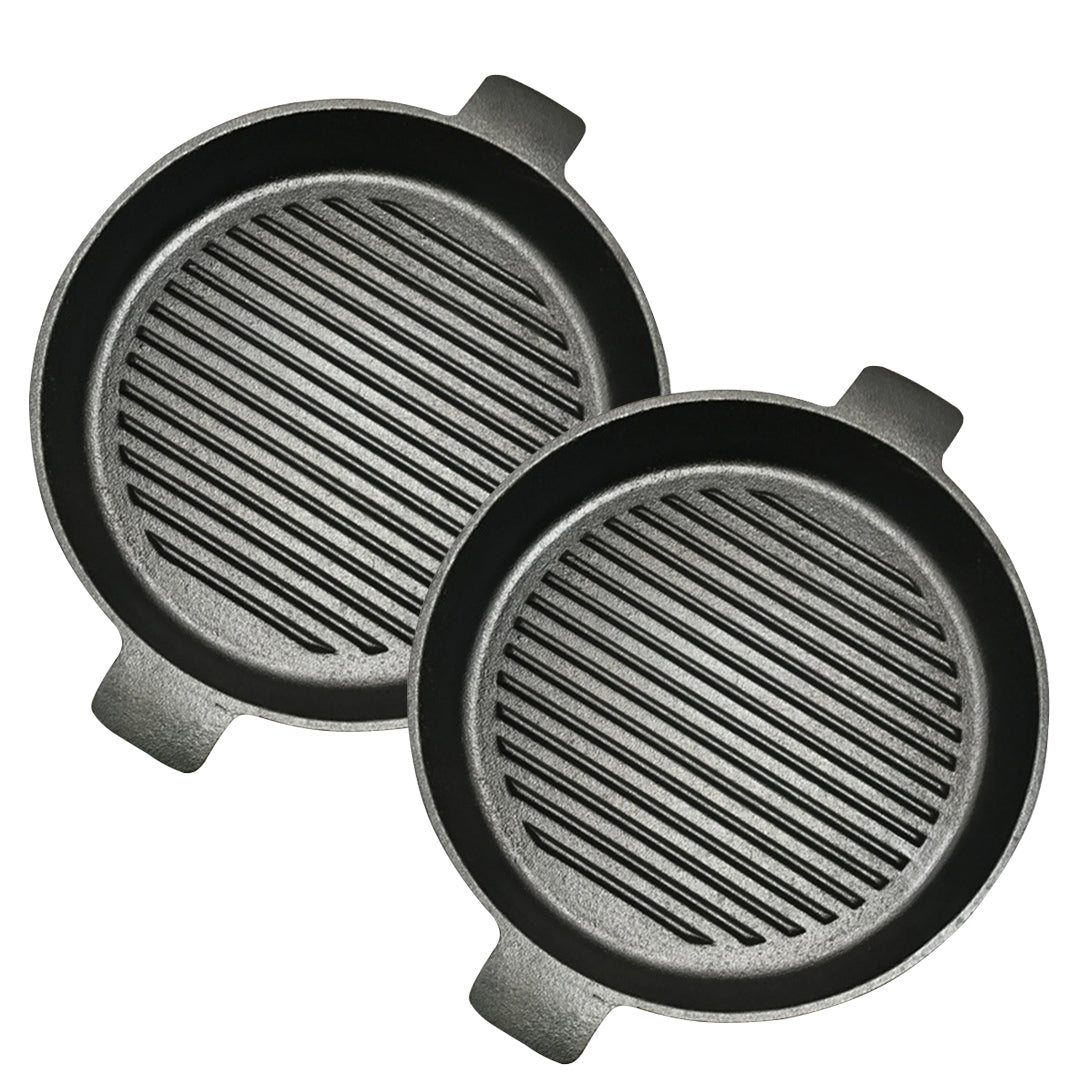 SOGA 2X 26cm Round Ribbed Cast Iron Frying Pan Skillet Steak Sizzle Platter with Handle - Cafe Supply