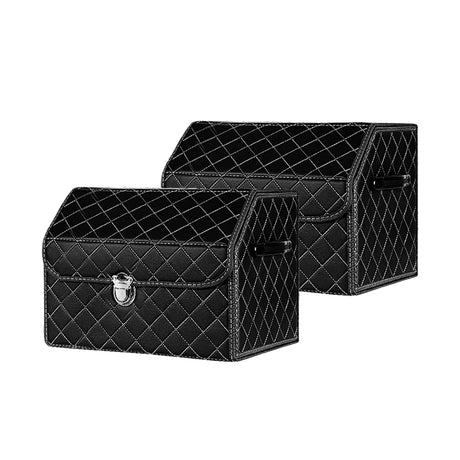 SOGA 2X Leather Car Boot Collapsible Foldable Trunk Cargo Organizer Portable Storage Box Black/White Stitch with Lock Small - Cafe Supply