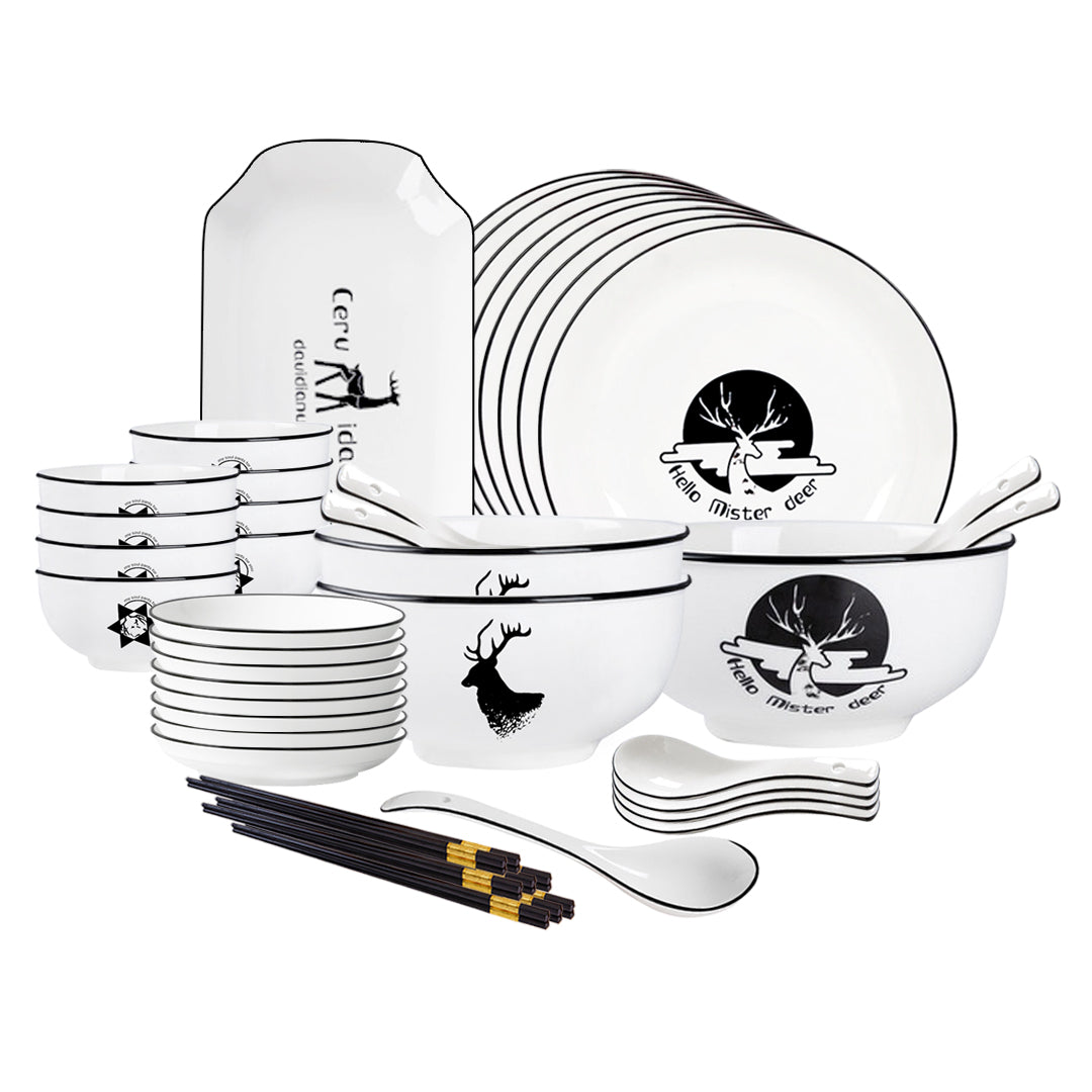 SOGA White Antler Printed Ceramic Dinnerware Set Crockery Soup Bowl Plate Server Kitchen Home Decor Set of 28 - Cafe Supply