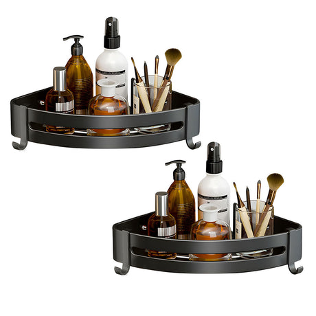SOGA 2X Black Wall-Mounted Triangular Bathroom Storage Corner Vanity Organiser Space Saving Adhesive Shelf Rack with Hooks - Cafe Supply