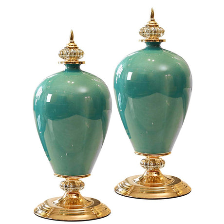 SOGA 2X 42cm Ceramic Oval Flower Vase with Gold Metal Base Green - Cafe Supply
