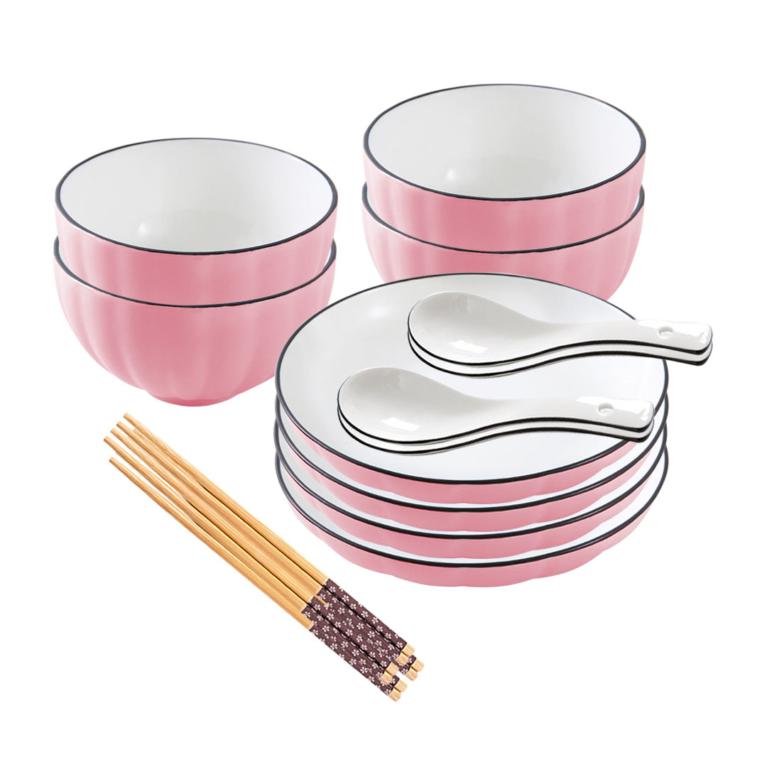 SOGA Pink Japanese Style Ceramic Dinnerware Crockery Soup Bowl Plate Server Kitchen Home Decor Set of 8 - Cafe Supply