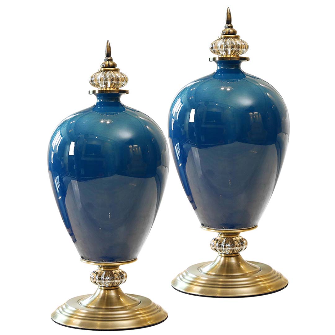 SOGA 2X 42cm Ceramic Oval Flower Vase with Gold Metal Base Dark Blue - Cafe Supply