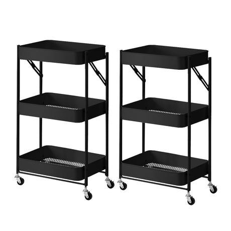 SOGA 2X 3 Tier Steel Black Foldable Kitchen Cart Multi-Functional Shelves Portable Storage Organizer with Wheels - Cafe Supply