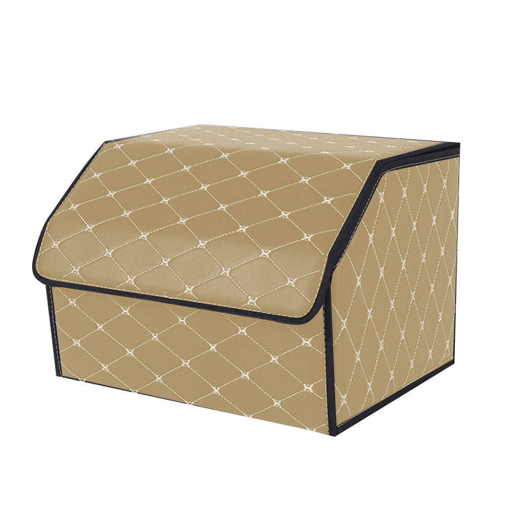 SOGA Leather Car Boot Collapsible Foldable Trunk Cargo Organizer Portable Storage Box Beige/Gold Stitch Medium - Cafe Supply