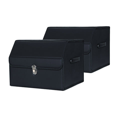 SOGA 2X Leather Car Boot Collapsible Foldable Trunk Cargo Organizer Portable Storage Box With Lock Black Small - Cafe Supply