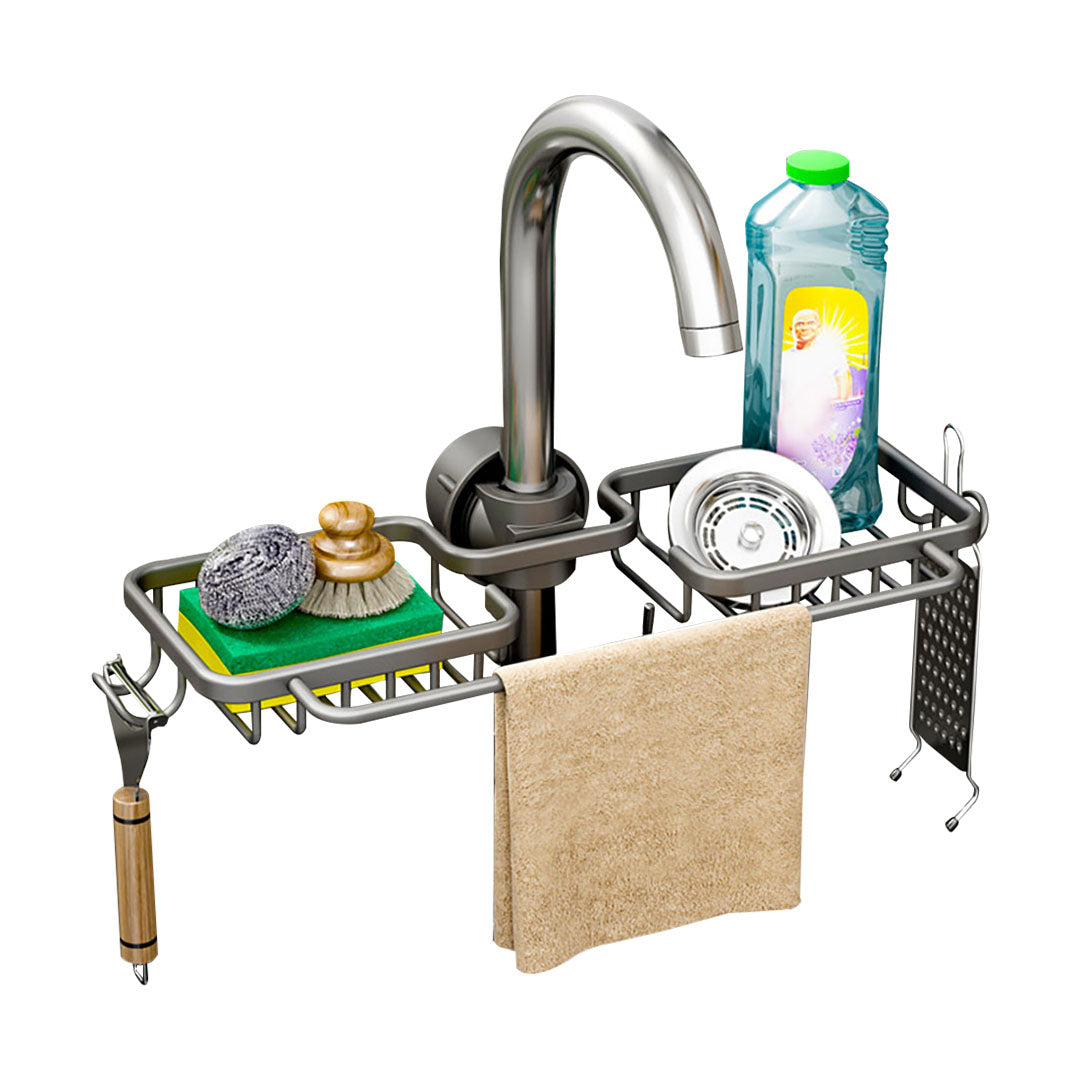 SOGA Dark Grey Kitchen Sink Organiser Faucet Soap Sponge Caddy Rack Drainer with Towel Bar Holder - Cafe Supply