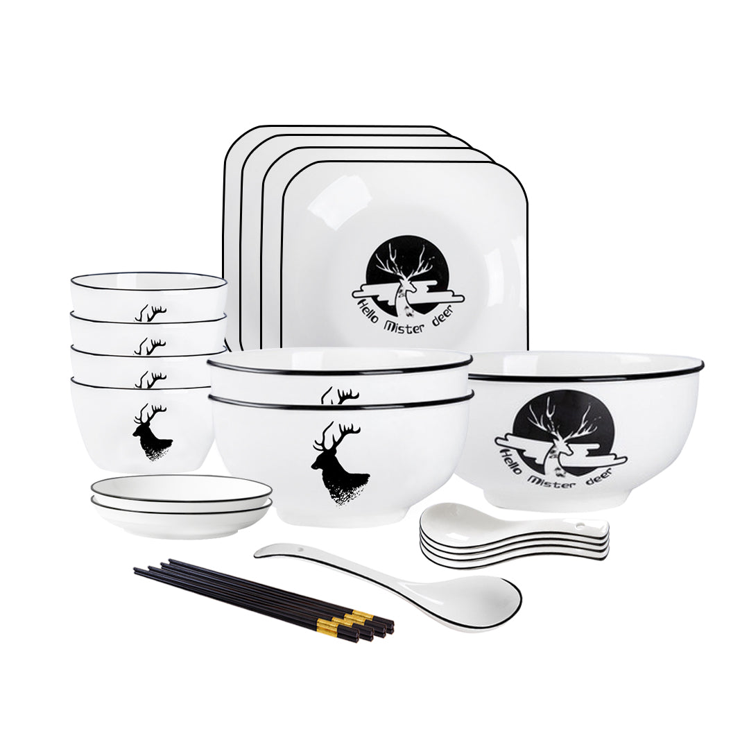SOGA White Antler Printed Ceramic Dinnerware Set Crockery Soup Bowl Plate Server Kitchen Home Decor Set of 13 - Cafe Supply
