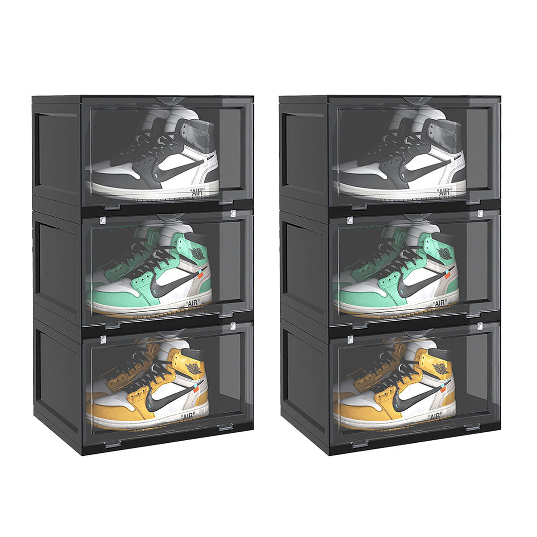 SOGA 2X 3 Tier Black Portable Shoe Organiser Sneaker Footwear Folding Plastic Bin Stackable Storage Box with Magnetic Door - Cafe Supply